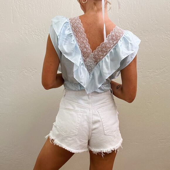 Vintage Baby Blue Lace Trim Ruffle Bodysuit - Picture 3 of 8